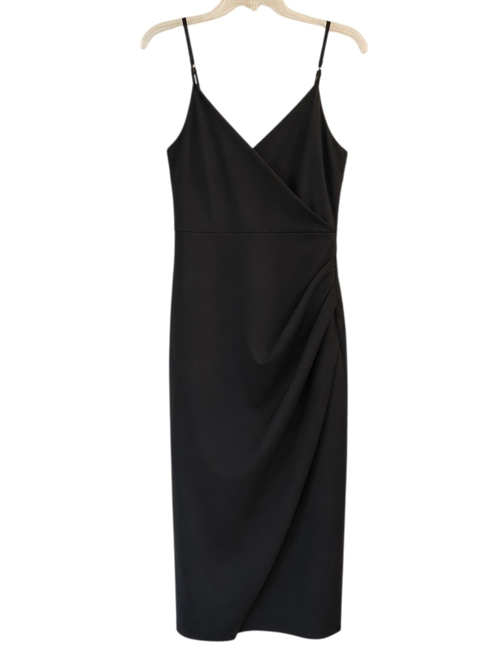 Lulu's Black Spaghetti-Strap Ruched Midi Cocktail Dress with Side Slit LBD - Picture 3 of 6